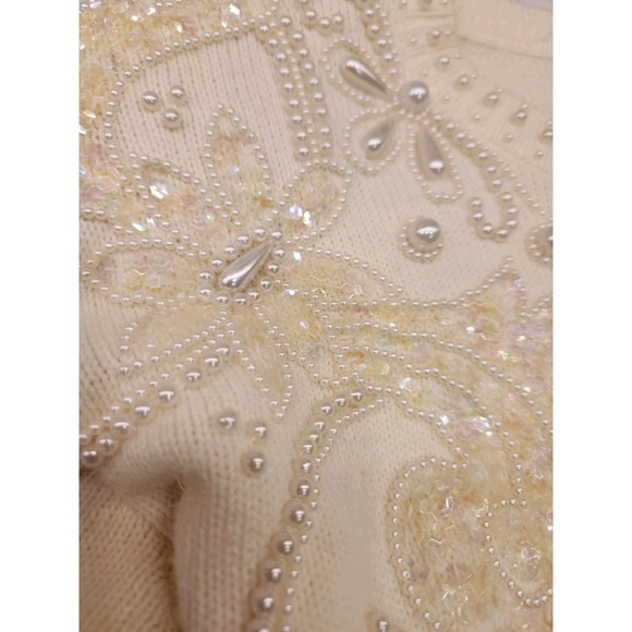 Vintage 80s Alfred Dunner Ladies Sweater Ivory Sequin Beaded Iridescent Medium - Picture 7 of 9